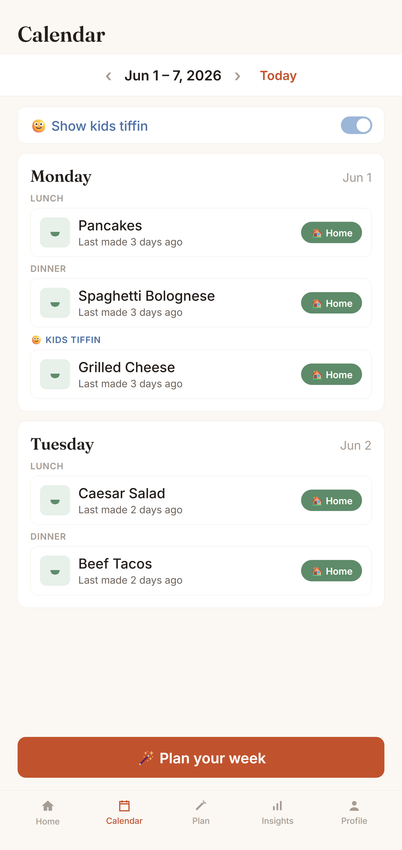Weekly calendar