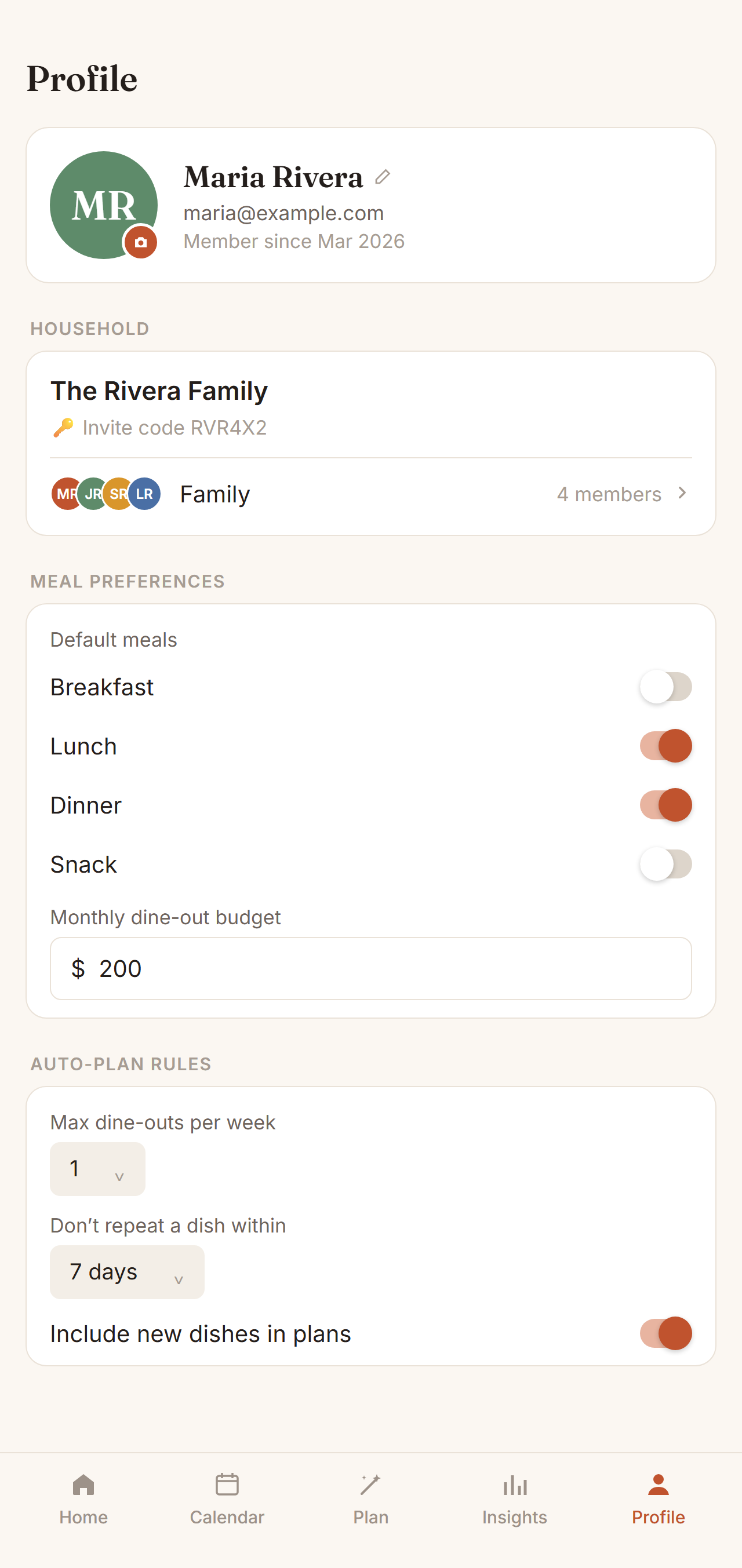 Profile with photo, family and meal preferences